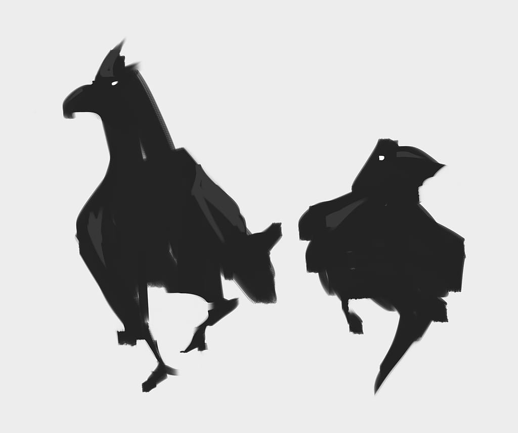 Cocky crows strut confidently through the neighborhood. A black and white digital painting.