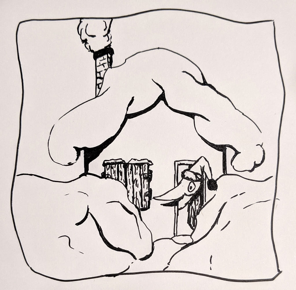 A marker drawing of a cute curious creature looking out from a snow-covered landscape in the morning.