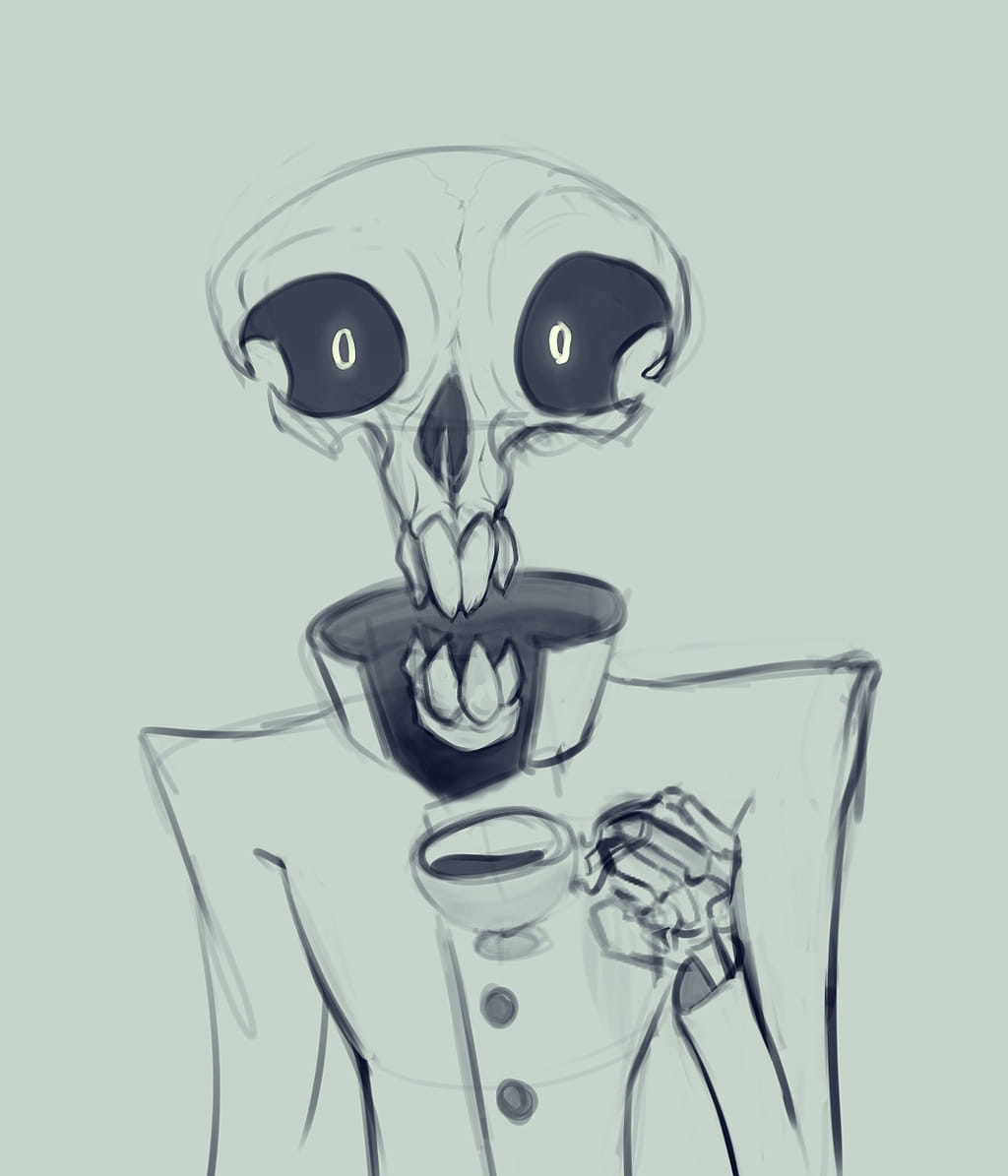 A stylized skeleton in a suit stares intently while holding a teacup, perhaps pondering the logistical challenge of actually drinking it.