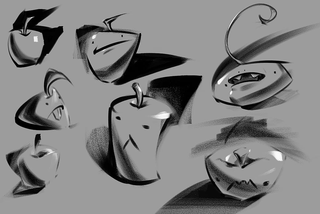 Grayscale digital doodles of funny cartoony apple characters with simplified shadows and highlights.