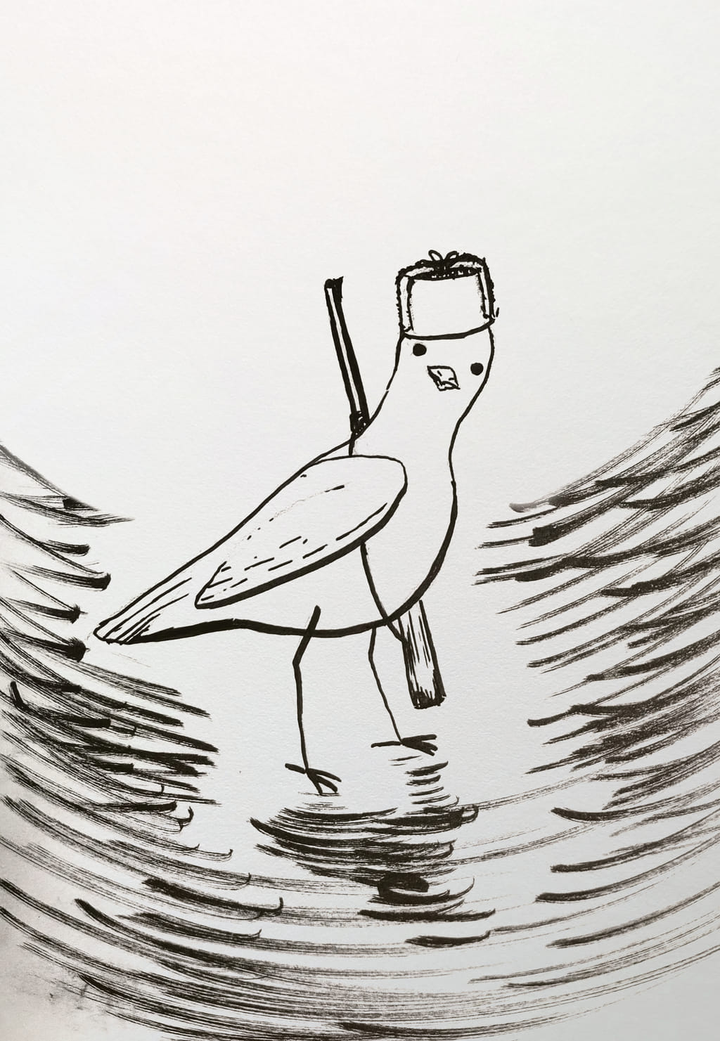 A marker drawing of a pigeon wearing a winter hat and carrying a rifle, patrolling during dark winter nights with a blank, mindless expression.