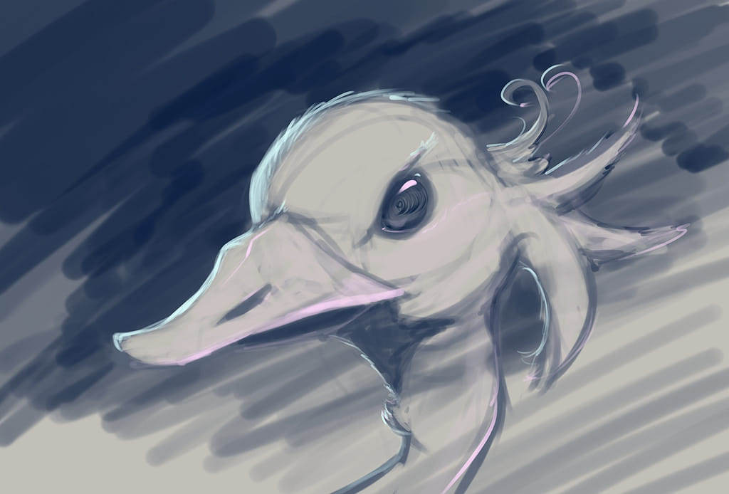 Digital painting of a duck with an intense, swirling dark eye, set against a moody blue background with pink and cyan highlights.