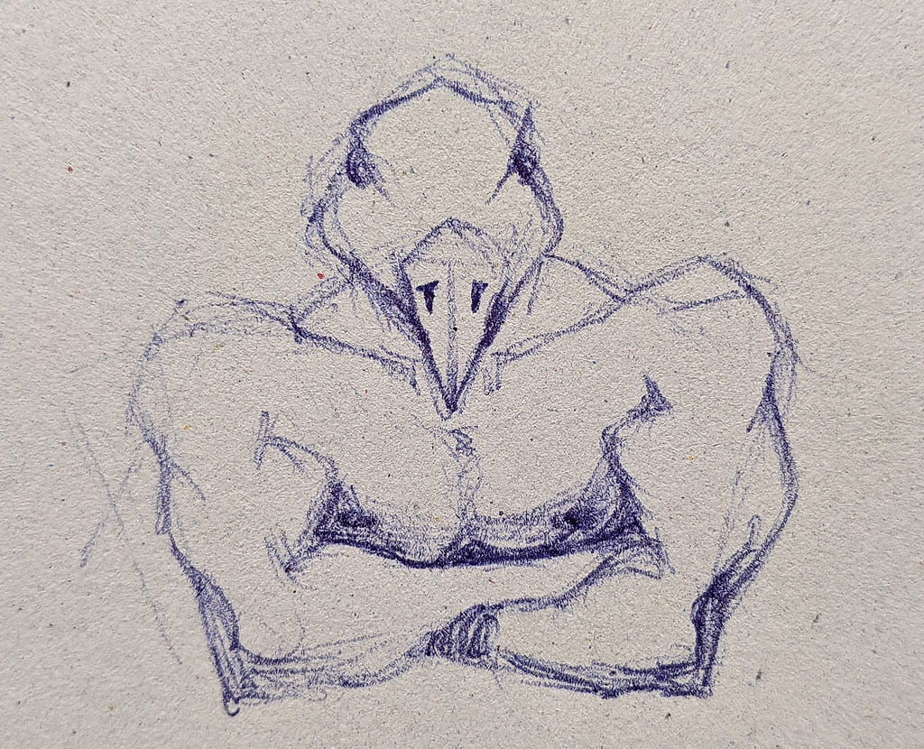 A blue ballpen sketch of a muscular figure with a bird's head, arms crossed, exuding its power and confidence.