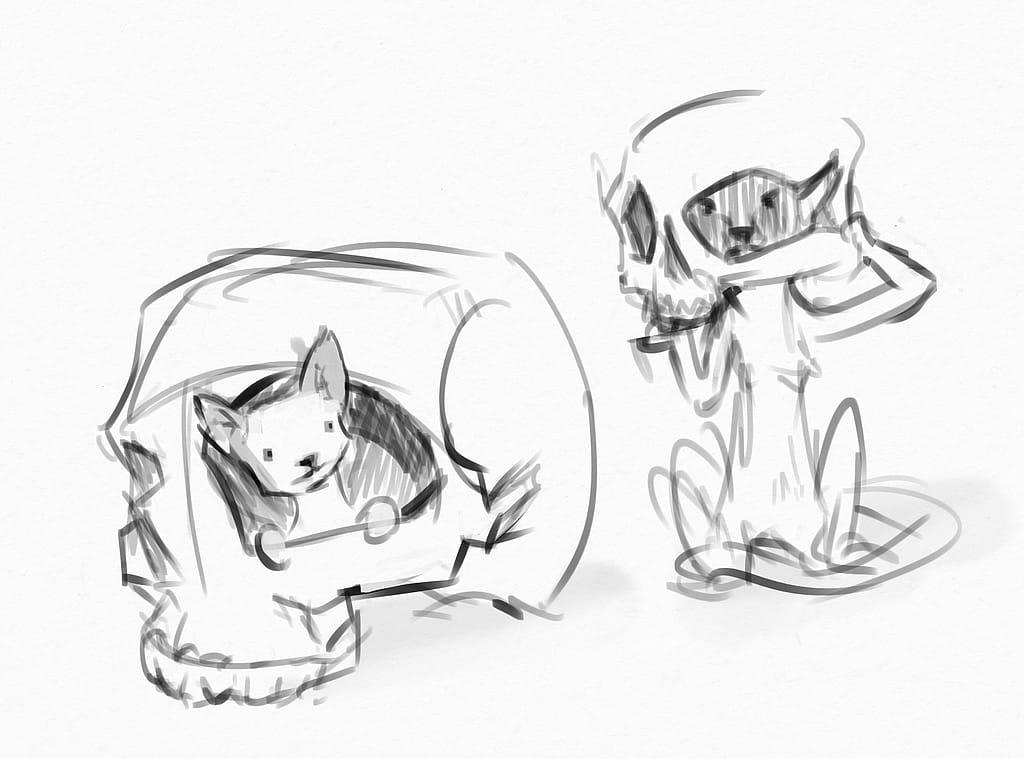 Digital drawing of playful kittens having fun with skulls.