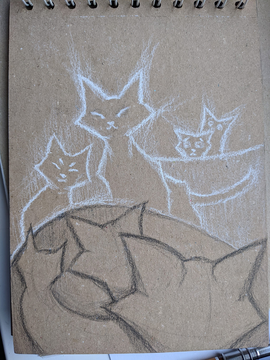 A tense standoff in chalk and charcoal. Ethereal white cats stare down on dark silhouettes of a rival clan, protecting their kittens.