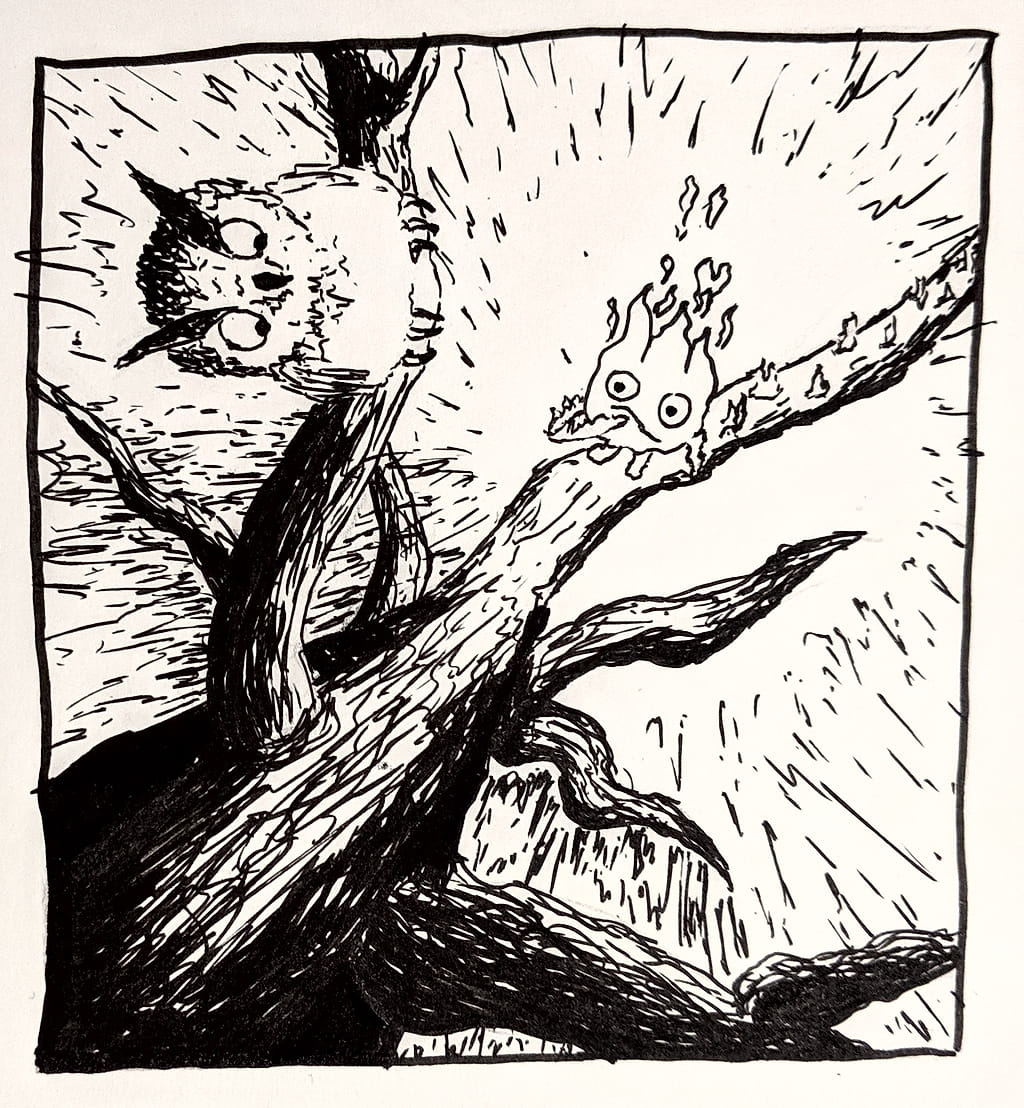 Marker drawing of an owl shocked by the little fire spirit guy, whose steps a set aflame.