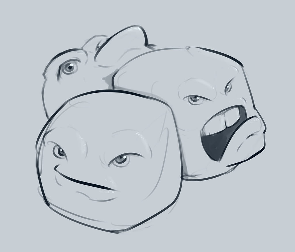 Three cartoonish pea-like characters, not happy after being cramped in the can, with distinct angry expressions.