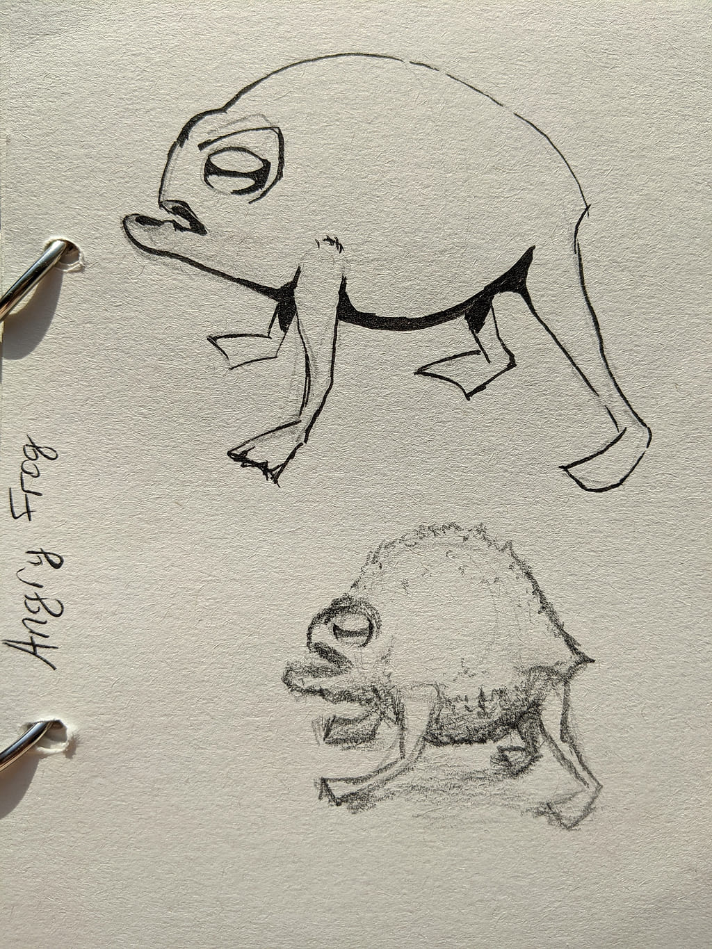 Two sketches of grumpy frogs, one a clean ink drawing and the other a textured pencil sketch, both with downturned mouths and heavy-lidded eyes.