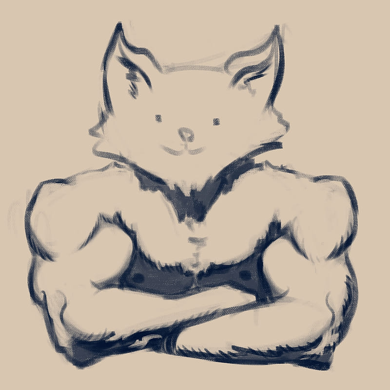 Digital sketch of an absolutely shredded cat. Its huge, muscular body is topped by a disarmingly cute and simple face.