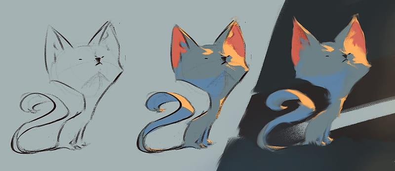A step-by-step digital painting of a smug-looking cat, from initial sketch to a fully rendered illustration with dramatic lighting.