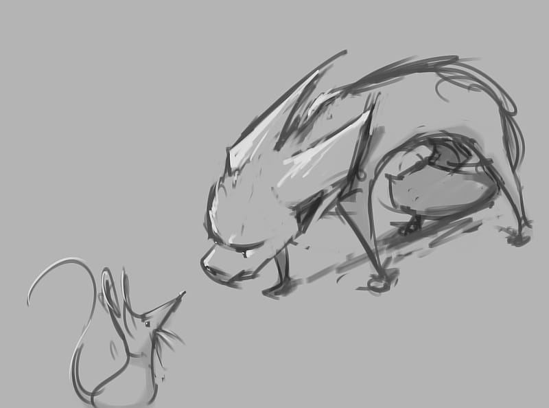 A digital sketch of an unexpected encounter between a dog-like creature and a tiny, curious mouse.
