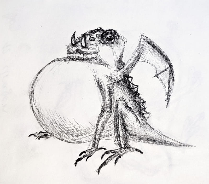 Pencil drawing of a well-fed dragon-toad creature, looking very pleased with itself, with a massive, inflated belly and hilariously tiny wings.