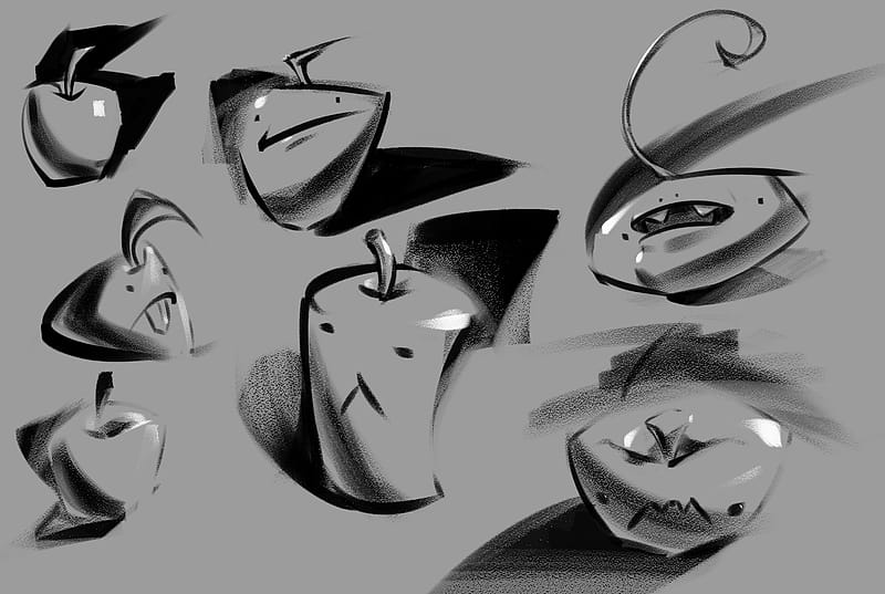 Grayscale digital doodles of funny cartoony apple characters with simplified shadows and highlights.