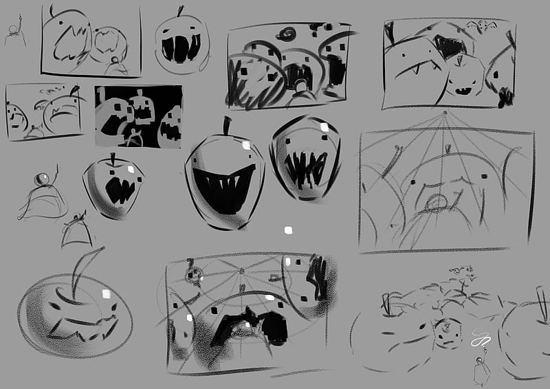 Storyboard of brainstorming a fight scene. A powerful, minimalist hero stands against a swarm of monstrous apples, exploring different angles for the comical epic battle.
