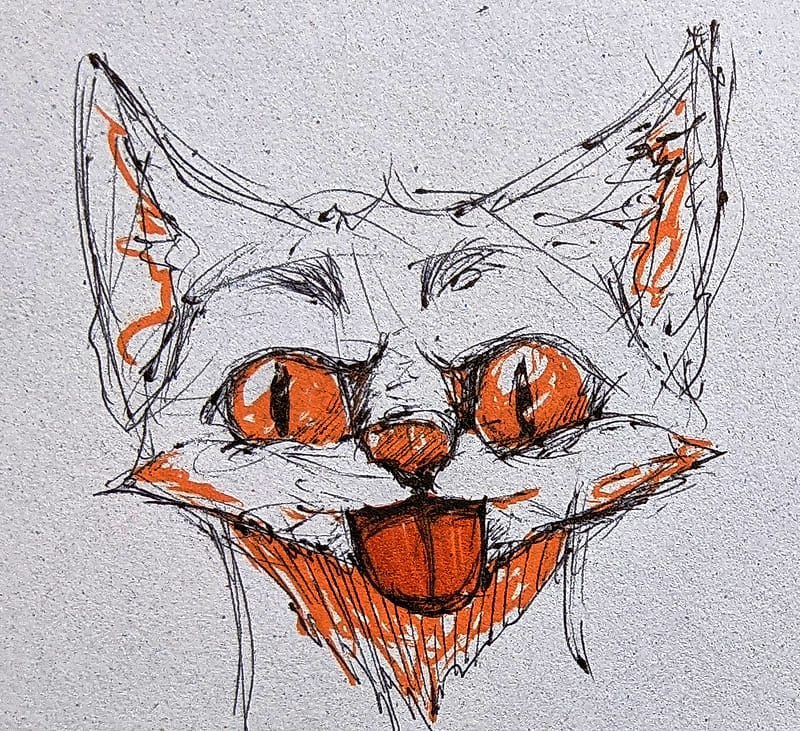 A playful pen and marker sketch of a cat with wide, vibrant orange eyes and a matching orange tongue sticking out, giving a mischievous expression.