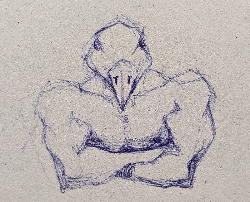 A blue ballpen sketch of a muscular figure with a bird's head, arms crossed, exuding its power and confidence.
