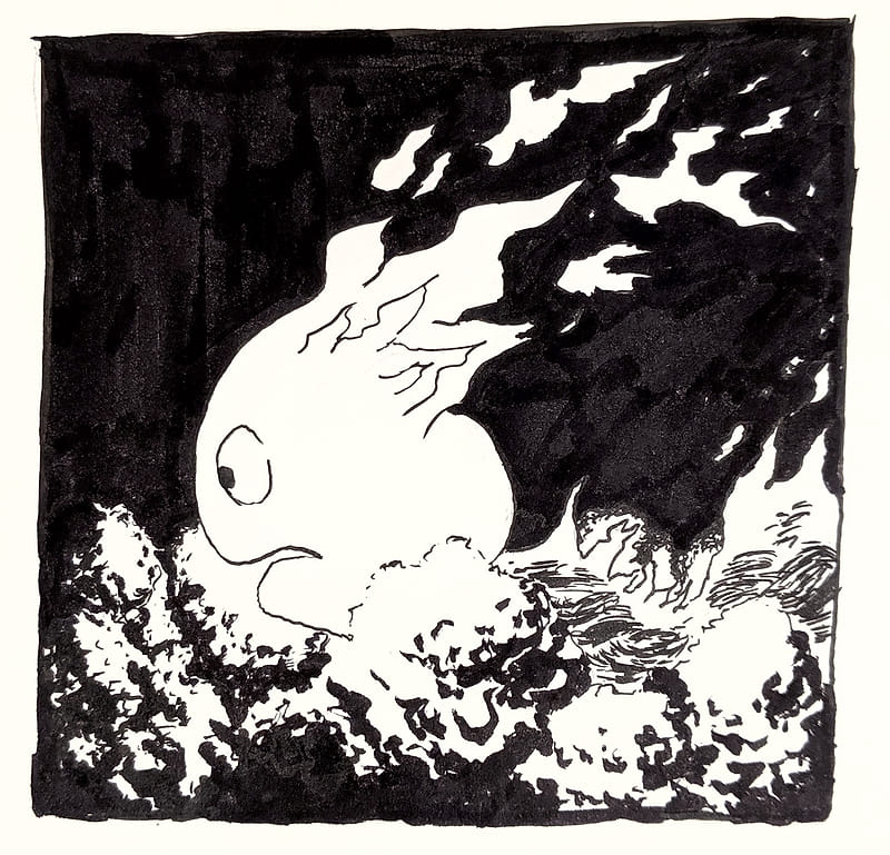 A dramatic black and white ink drawing of a giant, round fire spirit with a comically sad and worried face, surrounded by the raging flames and smoke of a forest in the night he has accidentally set on fire.