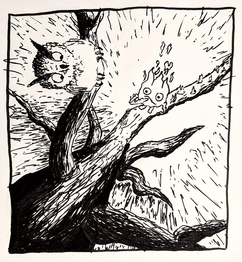 Marker drawing of an owl shocked by the little fire spirit guy, whose steps a set aflame.