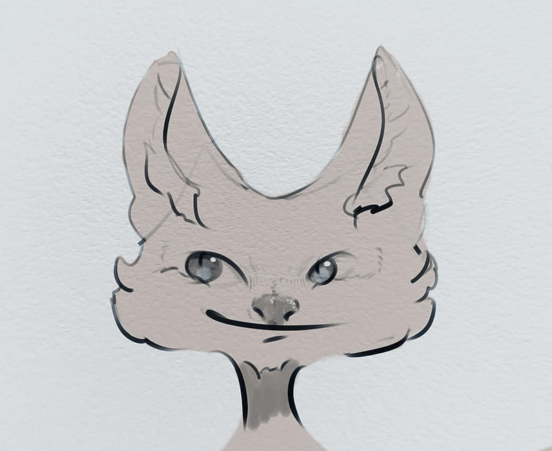 A charming digital portrait of a creature with huge ears and a friendly, slightly smug expression, drawn with soft colors and simple lines.