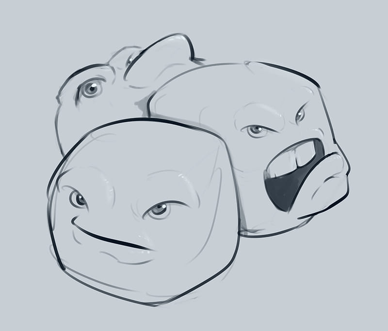 Three cartoonish pea-like characters, not happy after being cramped in the can, with distinct angry expressions.