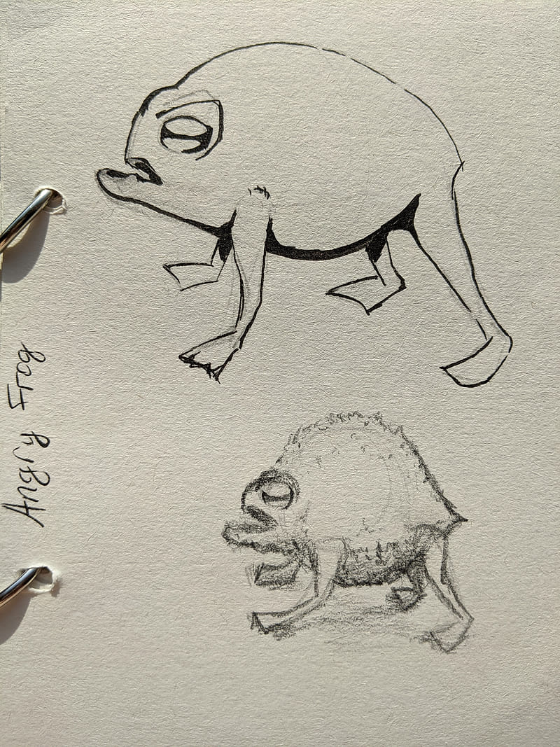 Two sketches of grumpy frogs, one a clean ink drawing and the other a textured pencil sketch, both with downturned mouths and heavy-lidded eyes.